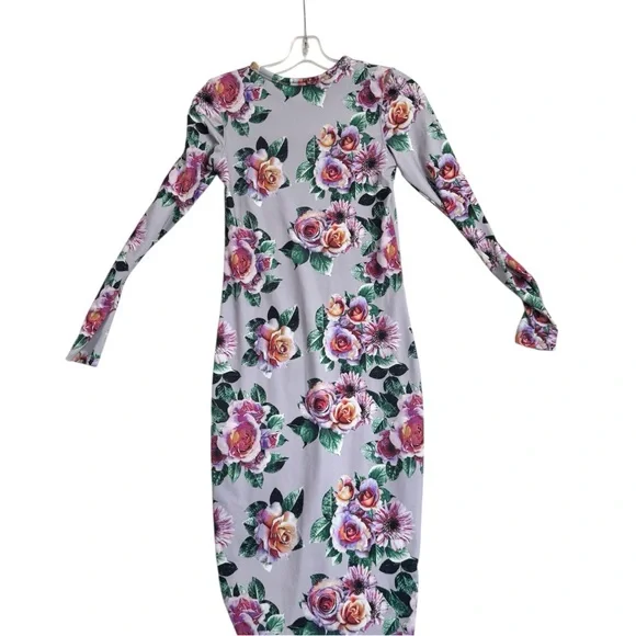 Zara NEW Floral Stretch Pencil Bodycon Fitted Midi Dress Boho Crew Long Sleeve M - Picture 3 of 16